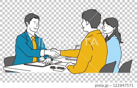 一對夫婦握手達成商業交易的簡單圖示 一對夫婦握手達成商業交易的簡單圖示 122847571