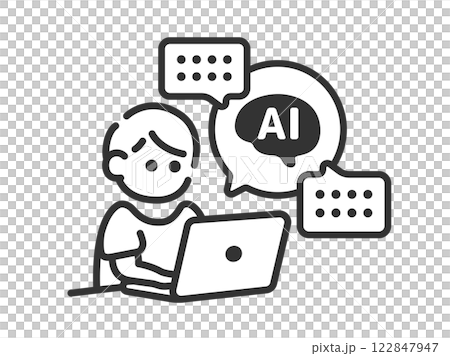 AIを活用して仕事をする、男性（線画）のイラスト 122847947