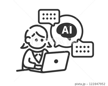 AIを活用して仕事をする、ビジネスウーマンの（線画）のイラスト 122847952