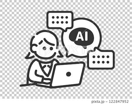 AIを活用して仕事をする、ビジネスウーマンの（線画）のイラスト 122847952