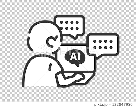 AIを活用して仕事をする、男性の後ろ姿（線画）のイラスト 122847956