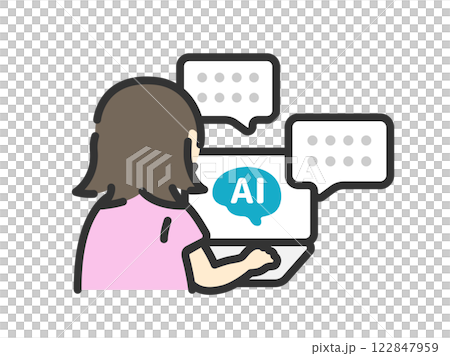 Illustration of a woman's back view (line drawing color) using AI to work 122847959