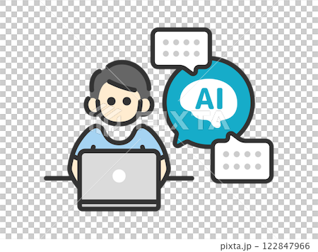 Illustration of a man (line drawing color) seen from the front, using AI to work 122847966