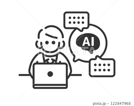 AIを活用して仕事をする、正面から見た、ビジネスマン(線画)のイラスト AIを活用して仕事をする、正面から見た、ビジネスマン(線画)のイラスト 122847968