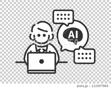 AIを活用して仕事をする、正面から見た、ビジネスマン(線画)のイラスト AIを活用して仕事をする、正面から見た、ビジネスマン(線画)のイラスト 122847968