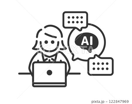 AIを活用して仕事をする、正面から見た、ビジネスウーマン(線画)のイラスト AIを活用して仕事をする、正面から見た、ビジネスウーマン(線画)のイラスト 122847969