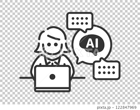 AIを活用して仕事をする、正面から見た、ビジネスウーマン(線画)のイラスト AIを活用して仕事をする、正面から見た、ビジネスウーマン(線画)のイラスト 122847969