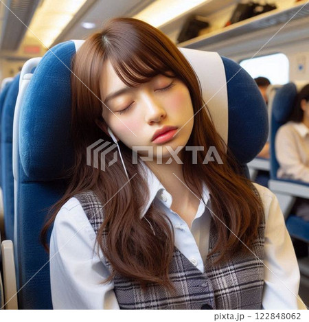 新幹線で眠る日本人女性 122848062