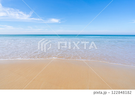 Empty tropical beach and seascape, Beautiful sandy beach and sea in sunny day,Blue sky in good weather day, Beach sea space area nature background 122848182
