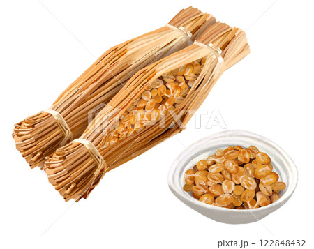 藁巻納豆と皿入り納豆 122848432