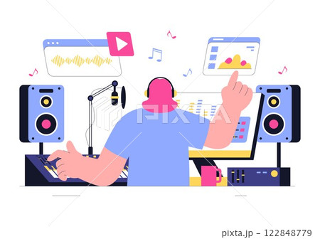 Music Production Illustration featuring People Listening to and Music Recording an Audio Podcast or Online Show with Professional Studio Equipment 122848779
