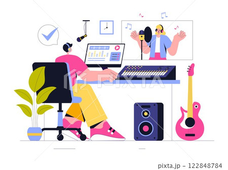 Music Production Illustration featuring People Listening to and Music Recording an Audio Podcast or Online Show with Professional Studio Equipment Music Production Illustration featuring People Listening to and Music Recording an Audio Podcast or Online Show with Professional Studio Equipment 122848784