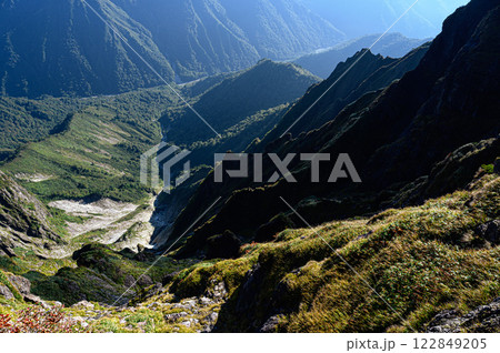 ノゾキから見る切り立った谷　谷川連峰の山岳風景 122849205