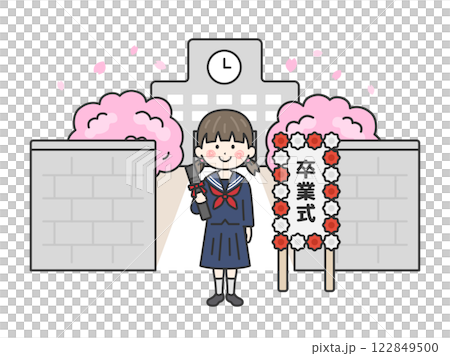 畢業典禮上身穿水手服的女學生站在學校建築前的插圖（線畫） 122849500