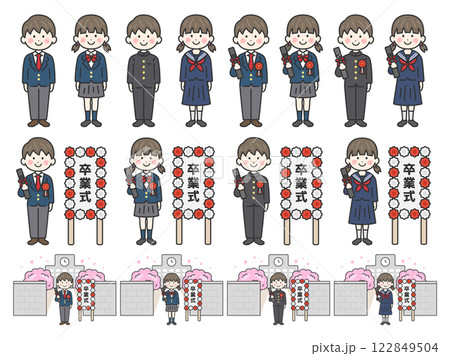 卒業式の、制服を着た男女の学生(線画)のイラストセット 卒業式の、制服を着た男女の学生(線画)のイラストセット 122849504