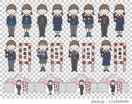 卒業式の、制服を着た男女の学生(線画)のイラストセット 卒業式の、制服を着た男女の学生(線画)のイラストセット 122849504