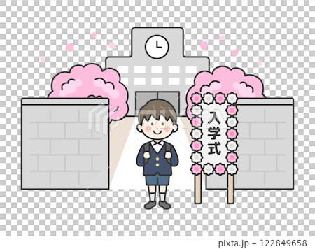 小學入學典禮上站在校舍前的一名小學生（線畫）的插圖 122849658