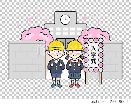 小學入學典禮上,戴著帽子的男生和女生站在校舍前的線條畫插圖 小學入學典禮上,戴著帽子的男生和女生站在校舍前的線條畫插圖 122849663