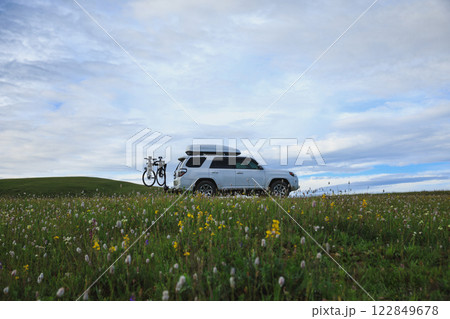 Offroad car on flowering grassland mountain under blue sky 122849678
