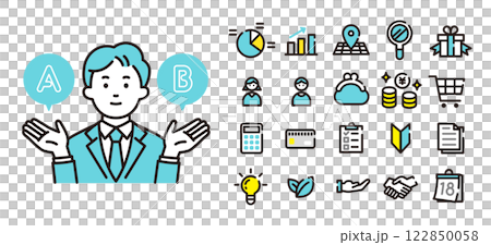 Young office worker giving options and icon set 122850058