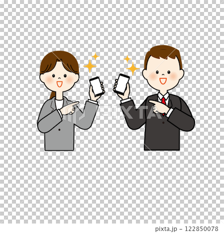 Men and women in suits pointing at mobile phones, upper body Men and women in suits pointing at mobile phones, upper body 122850078