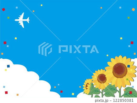夏 ひまわり 飛行機 青空 紙吹雪 手描き フレーム バナー デザイン 広告 背景 イラスト素材 夏 ひまわり 飛行機 青空 紙吹雪 手描き フレーム バナー デザイン 広告 背景 イラスト素材 122850381