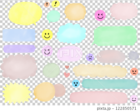 一套水彩七彩泡泡和表情符號 122850571