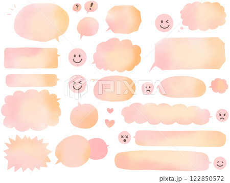 水彩・ピンクとオレンジのグラデーションカラーの吹き出しと顔文字のセット 122850572