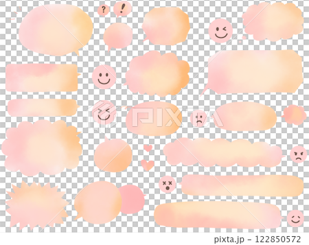 水彩・ピンクとオレンジのグラデーションカラーの吹き出しと顔文字のセット 122850572