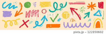 Doodle abstract shape background texture brush color set. Hand drawn sketch crayon scribble brush geometric shape color chalk effect background. Abstract arrow, circle, zigzag vector 122850602