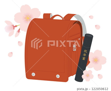 赤いランドセルと卒業証書・丸筒／桜の花びら／卒業式／ベクターイラスト 122850612
