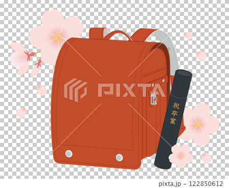 赤いランドセルと卒業証書・丸筒／桜の花びら／卒業式／ベクターイラスト 122850612