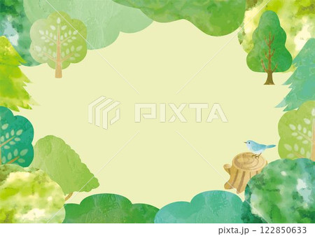 フレーム　水彩　手描き　緑　風景　夏　テクスチャ　背景　デザイン　イラスト素材 122850633