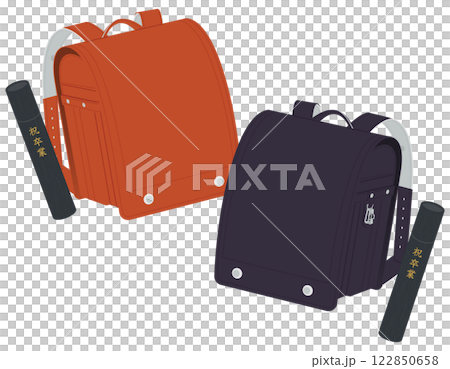 紅黑色書包和文憑/圓形容器/畢業典禮/向量插圖 122850658