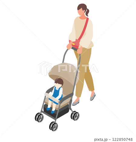 子どもを乗せたベビーカーを押す女性 122850748