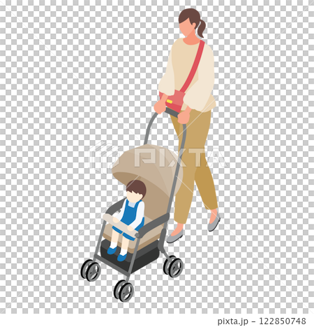 子どもを乗せたベビーカーを押す女性 122850748