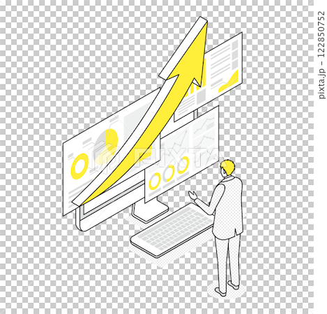 ウェブマーケティングの成果を確認するビジネスマンのアイソメトリックイラスト 122850752