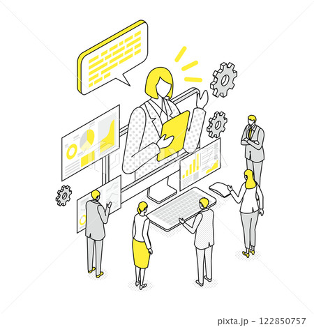 オンラインで説明を受けて考える人々 122850757