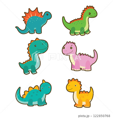 Set of Happy Funny Baby Dino Dinosaur Animal Cartoon Character Sticker 122850768