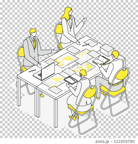 机に資料を並べて会議をしているビジネスマン 机に資料を並べて会議をしているビジネスマン 122850780