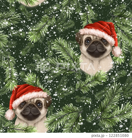 Christmas seamless pattern with pug dog and fir...のイラスト素材 [122851080 ...