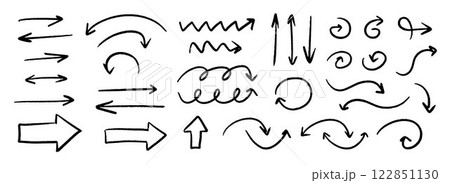 Hand drawn curved and straight arrow set. Black grunge sketch arrow collection. Doodle sketched pointers and direction lines. Wavy and zigzag brush stroke bundle for flyer, poster, brochure. Vector Hand drawn curved and straight arrow set. Black grunge sketch arrow collection. Doodle sketched pointers and direction lines. Wavy and zigzag brush stroke bundle for flyer, poster, brochure. Vector 122851130