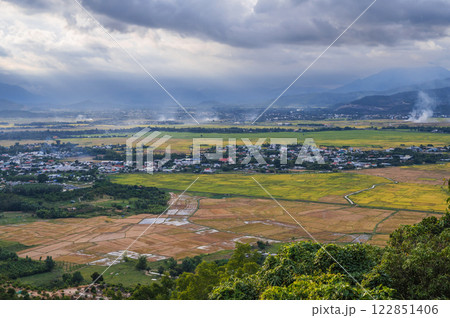 top view of rice fields with villages on background of mountains in Vietnam in Asia top view of rice fields with villages on background of mountains in Vietnam in Asia 122851406