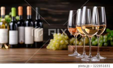 Elegant wine glasses with white and rose wine, surrounded by grapes and bottles Elegant wine glasses with white and rose wine, surrounded by grapes and bottles 122851831