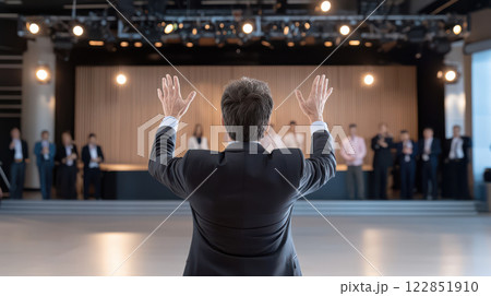 speaker presents at tech expo, engaging audience with enthusiasm 122851910