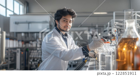 Laboratory technician conducting experiments with various liquids and equipment 122851911