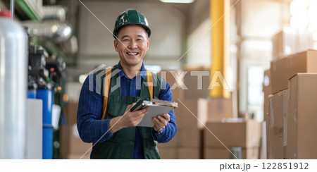 Factory worker smiling while holding clipboard in warehouse environment 122851912
