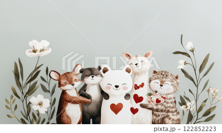 Adorable animals celebrating love with hearts and flowers in cheerful scene Adorable animals celebrating love with hearts and flowers in cheerful scene 122852223