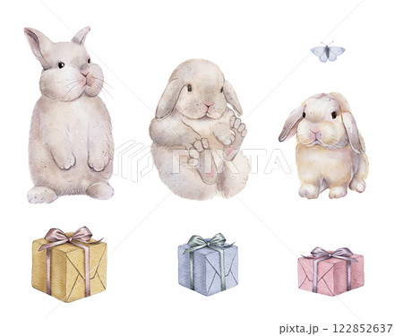 set of Watercolor Bunnies with Gift Boxes and Butterflies 122852637