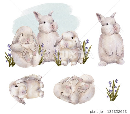 Set of hree Bunnies with Spring Flowers Set of hree Bunnies with Spring Flowers 122852638